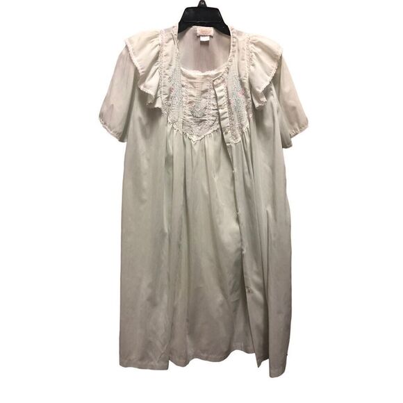 Barbizon Women’s Lightweight Off White Lace Trim Floral Embroidered Two Piece Ni - Picture 1 of 14